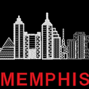 May include: A white silhouette of the Memphis skyline against a black background. The skyline includes several skyscrapers, a bridge, and a pyramid. The word "MEMPHIS" is written in red letters below the skyline.