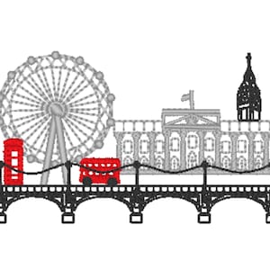 May include: An embroidered design featuring iconic London landmarks. The image includes the London Eye, a red telephone booth, a double-decker bus, and a building with a domed tower, all set against a white background. A black bridge spans the bottom.