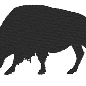 May include: Black silhouette of a bison, facing left, with its head lowered. The bison is standing on a white background.