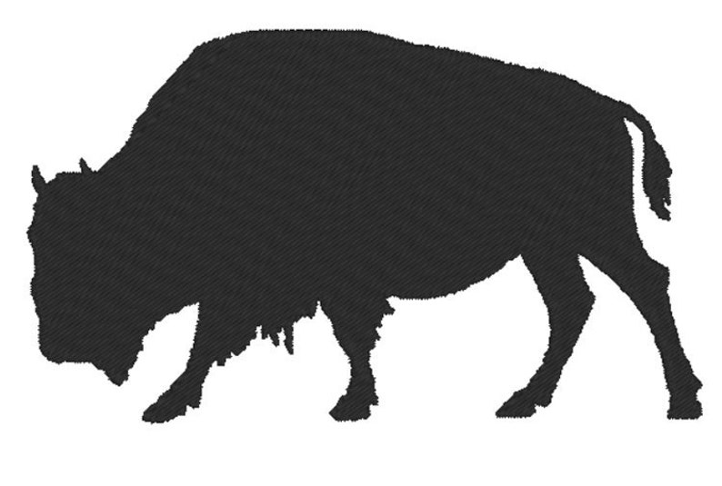 May include: Black silhouette of a bison, facing left, with its head lowered. The bison is standing on a white background.