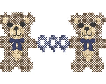 Vintage Cross Stitch Machine embroidery Two Teddy Bears -multiple formats -  sized for a 4x4 hoop