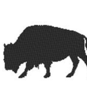 May include: Silhouettes of four bison of different sizes, from smallest to largest, walking in a line from left to right.