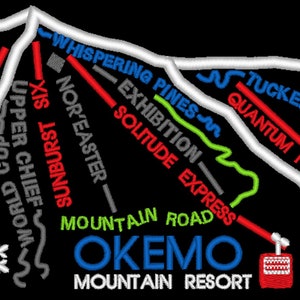 Un fichier de conception de broderie de carte de piste de ski de station de montagne d'Okemo - plusieurs formats - téléchargement immédiat - BONUS - conseils pour faire une trousse de maquillage