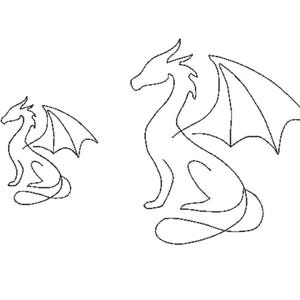 Puede incluir: Dos ilustraciones de dragones en dibujo lineal. El dragón más grande tiene las alas extendidas. Ambos dragones están sentados. Los dragones son dibujos lineales negros sobre fondo blanco.