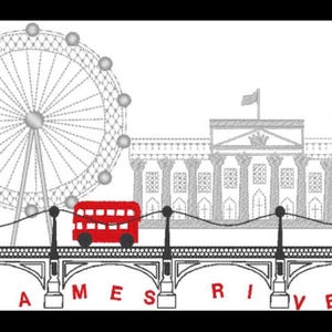 May include: An embroidered design featuring London landmarks: the London Eye, Big Ben, a red telephone booth, and a double-decker bus. The words "Thames River" are written across the bottom in red. The design is primarily black and white with red accents.