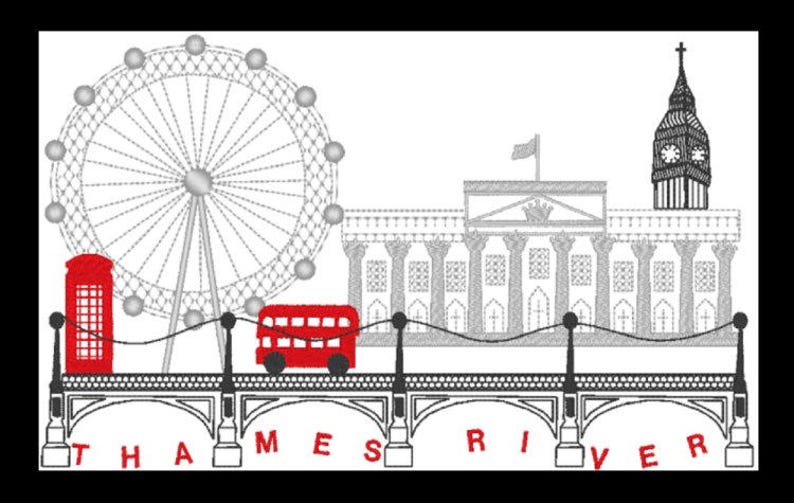 May include: An embroidered design featuring London landmarks: the London Eye, Big Ben, a red telephone booth, and a double-decker bus. The words "Thames River" are written across the bottom in red. The design is primarily black and white with red accents.