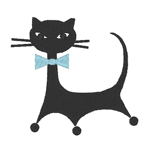 May include: A black cat with a blue bow tie, stylized with a long, curved tail and wheels for feet.