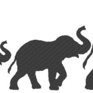 May include: A black silhouette of four elephants walking in a line, each slightly larger than the last. The elephants have their trunks raised and are walking from left to right against a white background. The image is a simple, graphic design.
