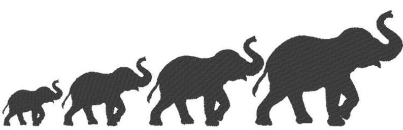 May include: A black silhouette of four elephants walking in a line, each slightly larger than the last. The elephants have their trunks raised and are walking from left to right against a white background. The image is a simple, graphic design.
