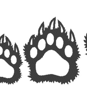 May include: Five black bear paw prints in a row, getting progressively larger from left to right. The paw prints are detailed with claws and fur.