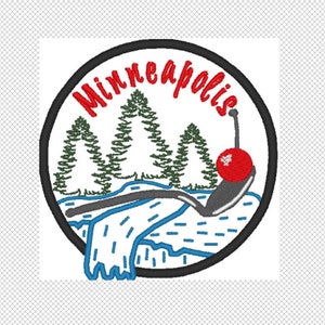 Puede incluir: Parche bordado con la palabra "Minneapolis" en rojo, arqueada sobre una escena con árboles verdes, un río azul y una cereza roja en una cuchara. El diseño está encerrado en un círculo negro.