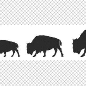 May include: Silhouettes of four bison of different sizes, from smallest to largest, walking in the same direction.