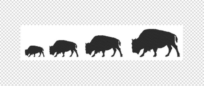 May include: Silhouettes of four bison of different sizes, from smallest to largest, walking in the same direction.