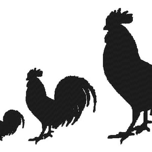 Peut inclure: Silhouettes de trois coqs de tailles diff&eacute;rentes, le plus grand &agrave; droite et le plus petit &agrave; gauche. Les coqs sont tous noirs et ont un fond blanc.