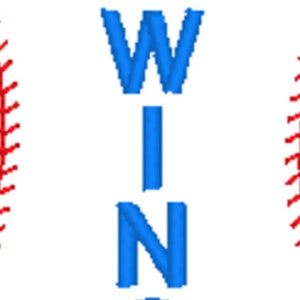 May include: A baseball design with red stitching and the word "WIN" in blue capital letters. The image is set against a white background, highlighting the baseball theme.