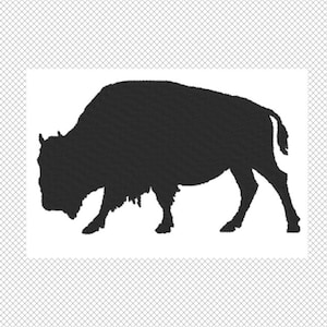 May include: Black silhouette of a bison, facing left, with its head lowered. The bison is standing on a white background.