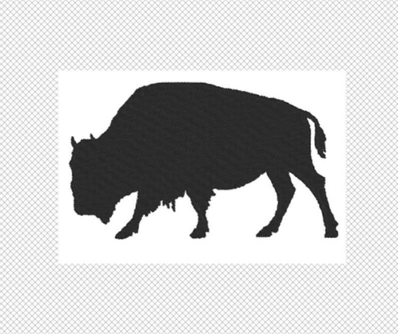 May include: Black silhouette of a bison, facing left, with its head lowered. The bison is standing on a white background.