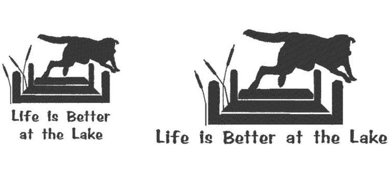 May include: Black and white graphic featuring a dog leaping over a dock with cattails. The text "Life is Better at the Lake" is below the image. The design is simple and suitable for lake-themed merchandise.
