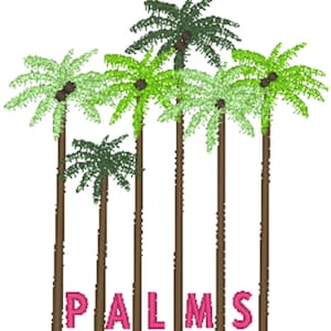 Könnte beinhalten: Ein Grafikdesign mit sechs grünen Palmen mit braunen Stämmen und dem Wort "PALMS" in rosa Buchstaben.