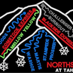 May include: A map of the Northstar California Resort ski area with the names of the trails and lifts. The trails are color-coded: blue, green, red, and black. The map also includes the resort's name, "Northstar at Tahoe."