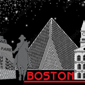 May include: Embroidered design featuring Boston landmarks against a starry night sky. Includes Fenway Park, the Zakim Bridge, and historic buildings. The word "BOSTON" is displayed in red.