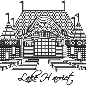 May include: Black and white line drawing of a building with multiple turrets and flags. The text "Lake Harriet" is written in cursive below the building. The building has a detailed roof and multiple windows.
