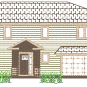 May include: An embroidered illustration of a two-story house with a light green exterior and a brown roof. The house has multiple windows, a front porch, and a garage. Green bushes are planted in front of the house.