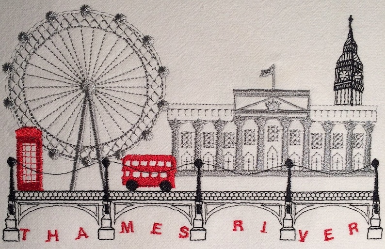 May include: Embroidered artwork depicting London landmarks. The design features the London Eye, Big Ben, a red double-decker bus, and a red telephone booth. The words "THAMES RIVER" are stitched in red. The artwork is in black, white, and red.