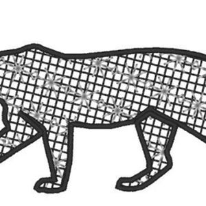 May include: Black and white illustration of a leopard. The leopard is depicted in a walking pose, with a detailed outline and a crosshatch pattern filled with floral designs. The tail curls upwards.