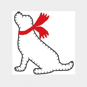 May include: A white dog with black stitching sits with its head tilted up. The dog is wearing a red scarf around its neck.