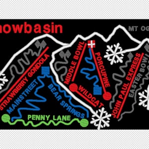 Een Snowbasin Utah Ski Trail-kaartborduurontwerpbestand - twee maten - meerdere formaten - direct downloaden