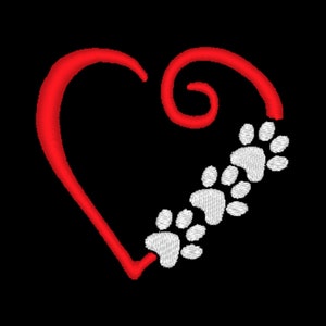 Puede incluir: Un corazón rojo con un remolino en la parte superior y una línea de huellas de patas blancas a lo largo del lado derecho.