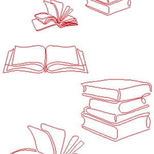 May include: Red line art illustration of books. Several open books and stacks of books are depicted. The books are drawn with a continuous line, creating a minimalist style. The image is on a white background.