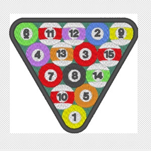 Könnte beinhalten: Ein grünes Filzdreieck mit 15 Billardkugeln, die in Pyramidenform angeordnet sind. Die Kugeln sind von 1 bis 15 nummeriert und in verschiedenen Farben, darunter Rot, Gelb, Blau, Grün und Schwarz.
