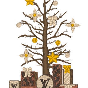 May include: A brown, bare tree decorated with gold stars, white flowers, and gold ornaments.  The tree is surrounded by brown and beige gift boxes with a brown and beige LV logo.