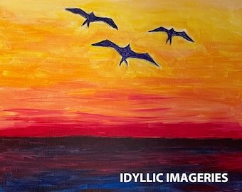 Instant digital download, printable file of painting frigate birds at sunset