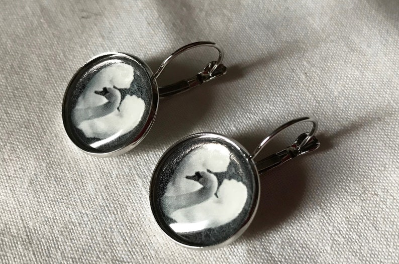 Earrings with a black and white photo of a swan. image 3