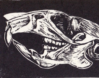 Rattus Norvegicus, brown rat skull linocut print 5" x 7"