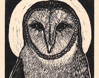 Barn Owl Handmade Linocut Print 7"x 9" Second printing