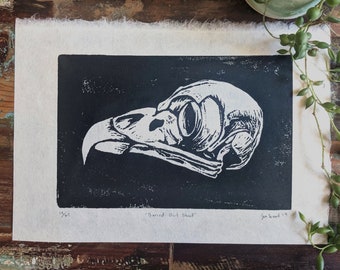 Barred Owl Skull, 6x8 Handmade Print
