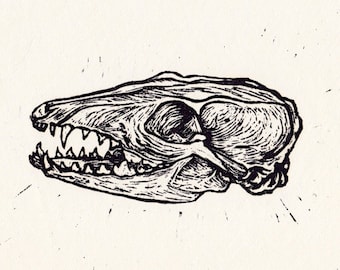 Grey Fox Skull Print, Handmade Linocut, 8.5 x 11