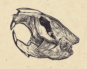 Beaver Skull Print, Handmade Linocut Print, 8.5 x11