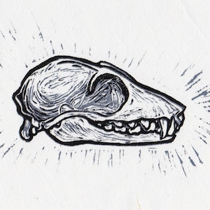 Fruit Bat Skull, &quot;Pteropus&quot; , Handmade Linocut, Black and Grey Reduction Print, 6 x 8