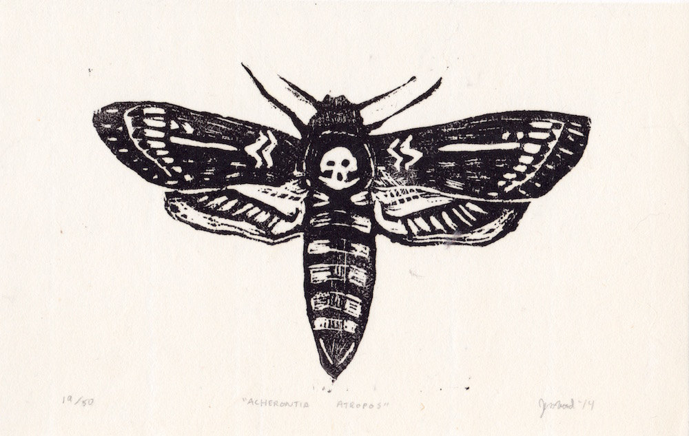 Death's-Head Hawkmoth, "Acherontia Atropos",  Handmade Linocut Print, 5.5 x 8.5