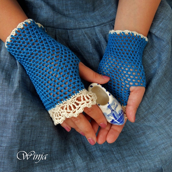 Boho fingerless gloves, cotton fingerles gloves, crochet summer mittens, cotton mittens, lace cotton gloves, knit boho, blue gloves, boho