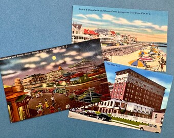 Cape May NJ, Vintage Postcards, Linen, Lot of three, 1940's, Admiral Hotel, Beach and Boardwalk, Cape May souvenir, Cape May postcard