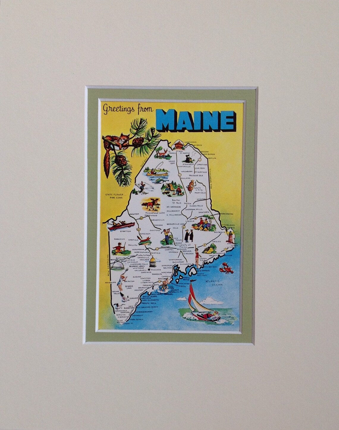 Greetings From Maine Vintage Postcard Map Matted Vintage Etsy