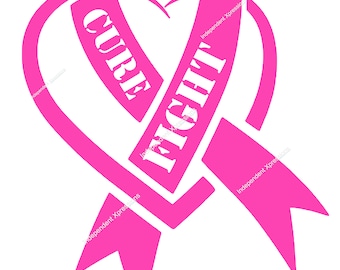 Op de afbeelding: Roze lint met de woorden "Fight" en "Cure" in witte letters, die een hartvorm vormen.