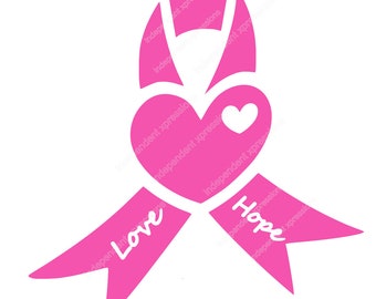 Op de afbeelding: Roze lint met een hart in het midden en de woorden "Love" en "Hope" op het lint.