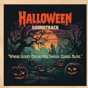 May include: A Halloween Soundtrack poster with a spooky design. The title "Halloween Soundtrack" is in orange, above a scene with a full moon, a haunted house, and carved pumpkins. The text "Where Every Creak and Shriek Comes Alive" is at the bottom.